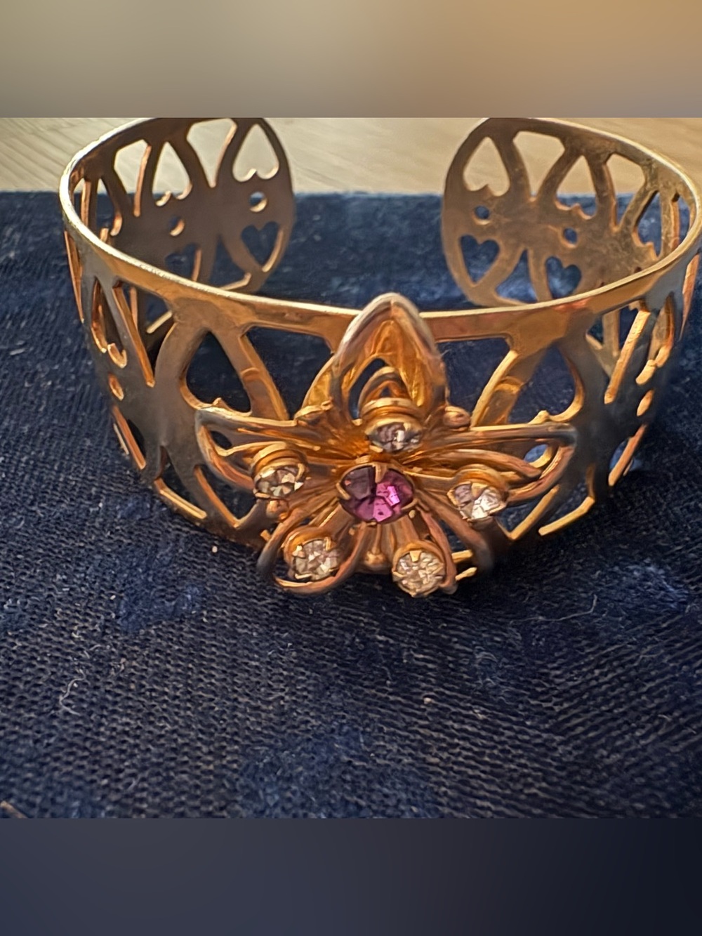 Gold Floral Crystal Cuff Bracelet with Pink Center Stone
